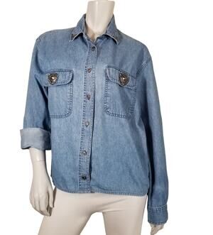 R.S.V.P. Denim Womens Medium Shirt Western Button Up Heart Metal Embellishments